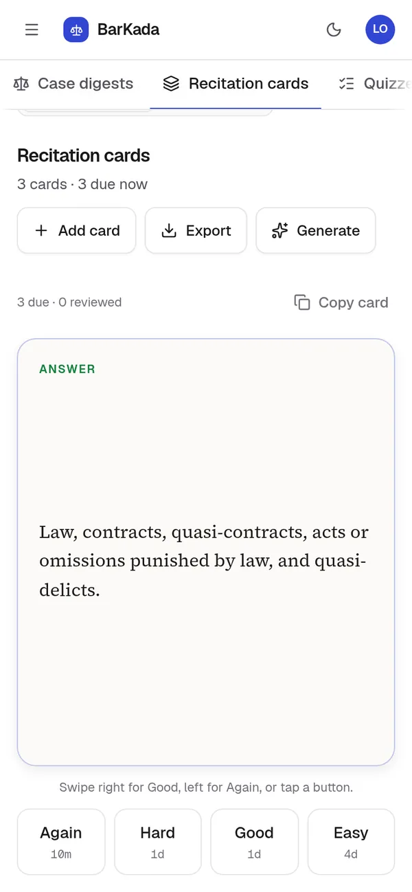 BarKada on a phone: a recitation card showing the answer, with spaced-repetition buttons