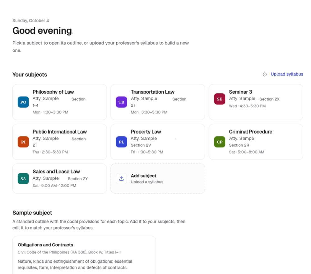 Sample Study screen: a subject with professor, section, and schedule